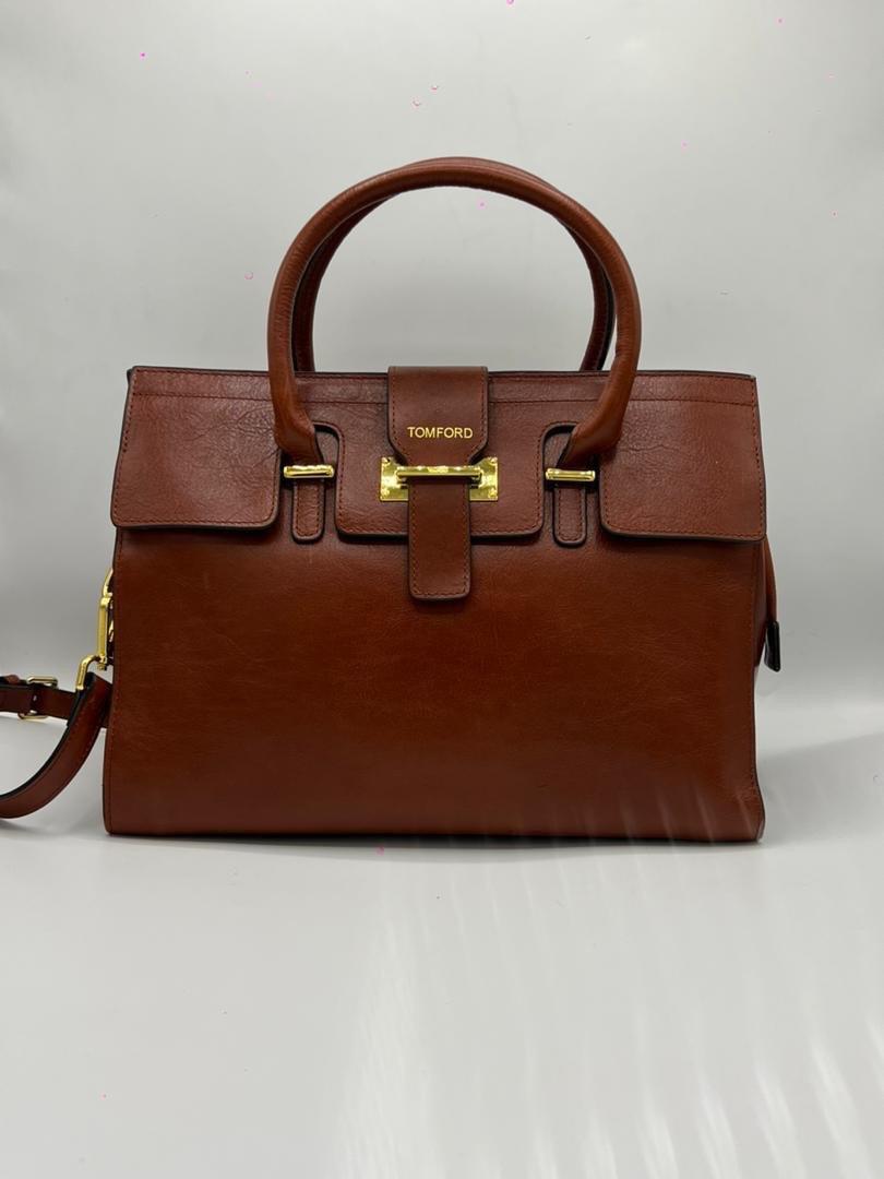 Tom Ford Medium Smooth Calfskin Icon Top Handle Bag (Brown / Cognac)